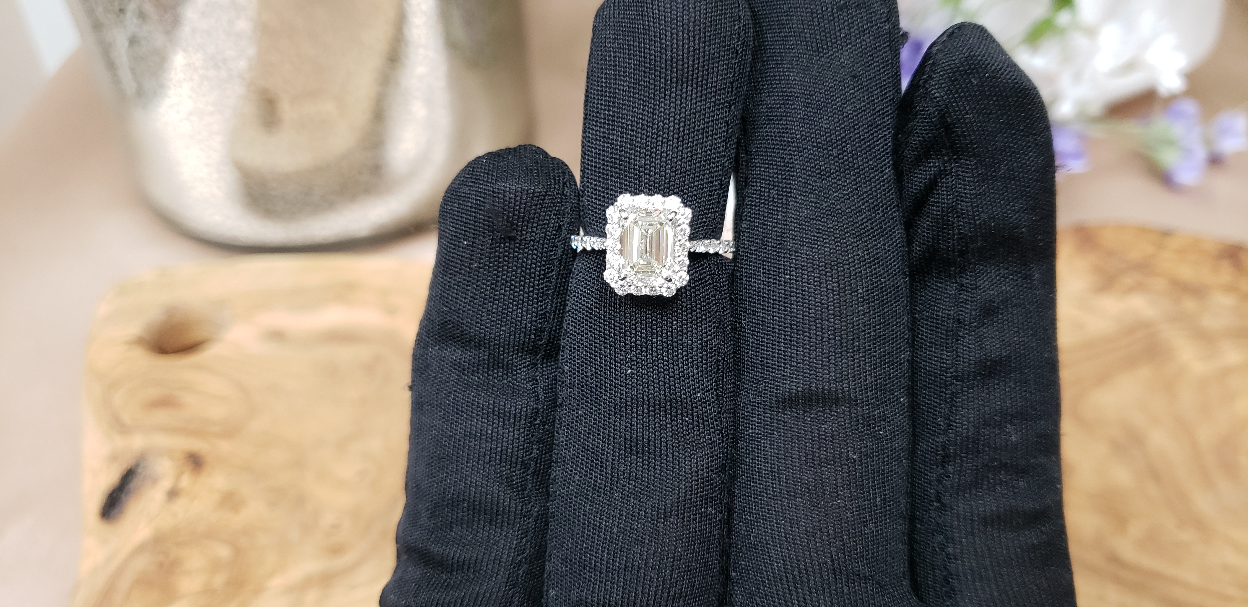 Emerald & Round Diamond Halo Ring